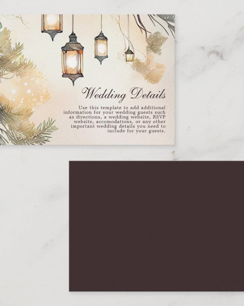 Wedding detail card with watercolor lanterns and pine branches.