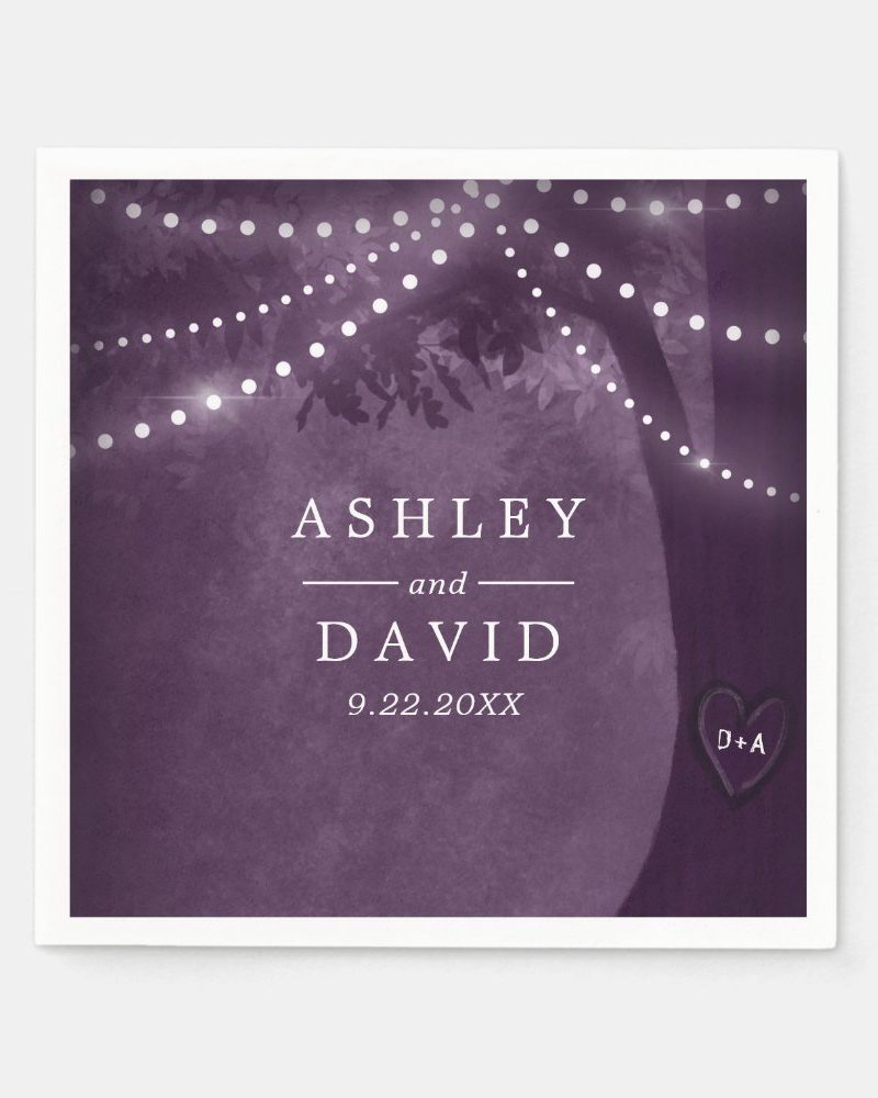 Rustic Tree Purple String Lights Wedding Napkins