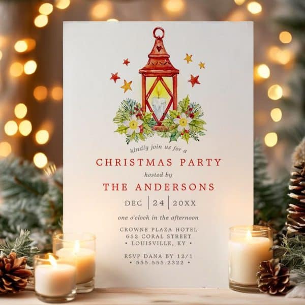 Christmas Party Invitation Featuring A Red Lantern With A Candle, Surrounded By Holly And Flowers.