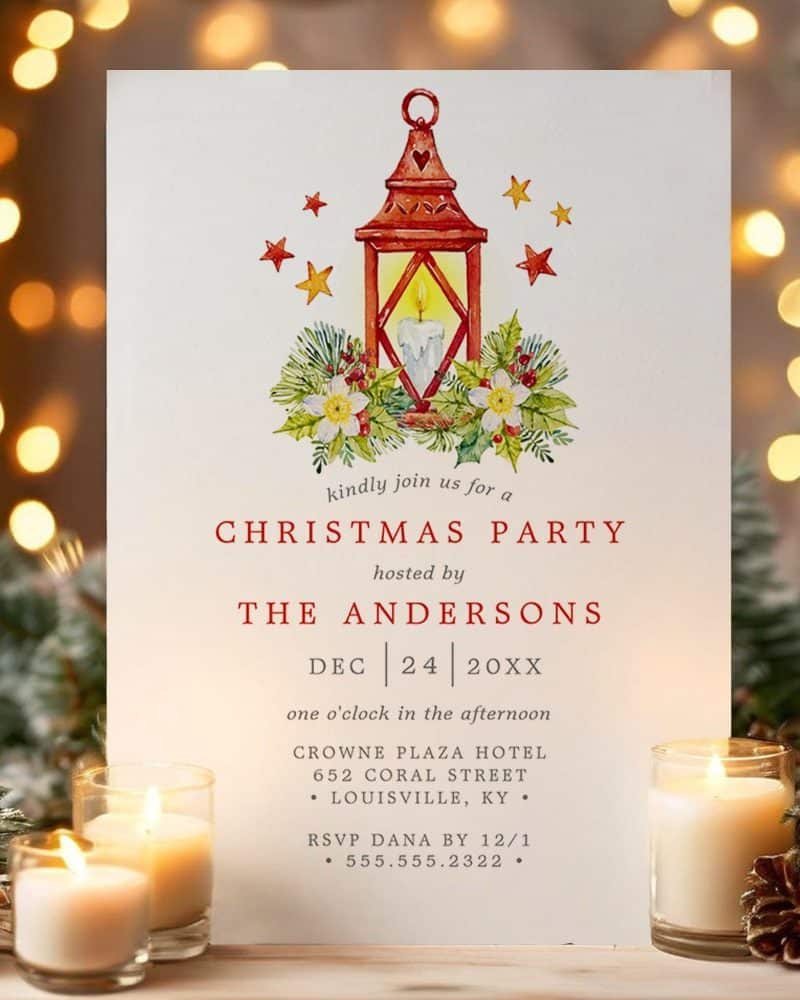 Christmas party invitation featuring a red lantern with a candle, surrounded by holly and flowers.