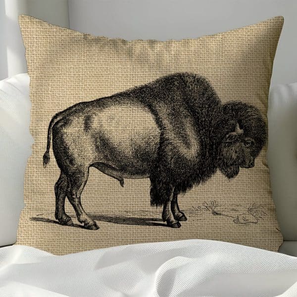 Burlap Pillow Featuring A Black And White Illustration Of A Bison.