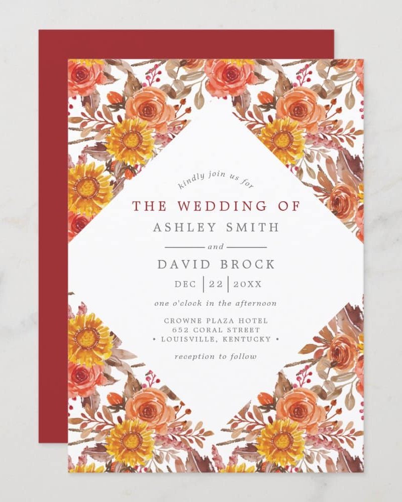 Wedding invitation with autumnal floral border featuring sunflowers and roses, announcing the marriage of Ashley Smith and David Brock.