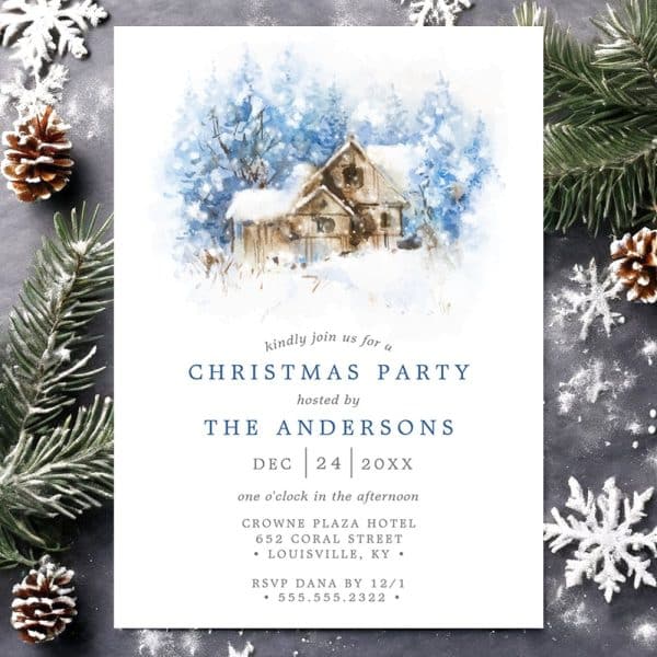 Christmas Party Invitation Featuring A Watercolor Painting Of A Snow-Covered House.