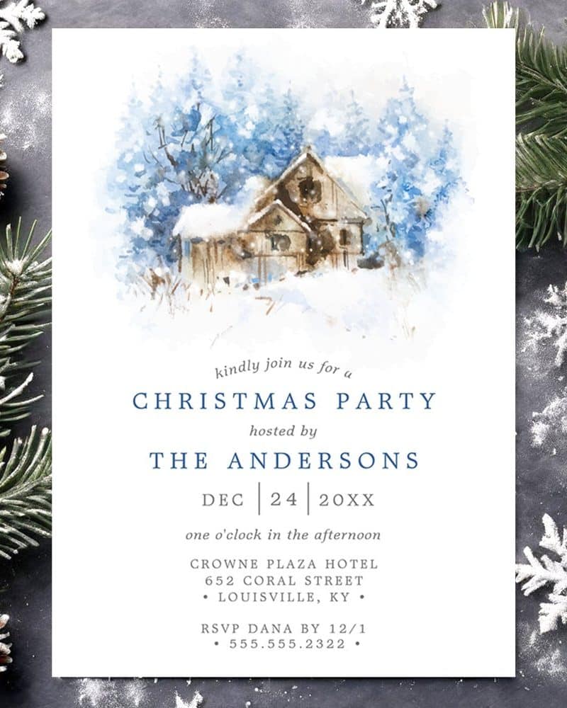 Christmas party invitation featuring a watercolor painting of a snow-covered house.