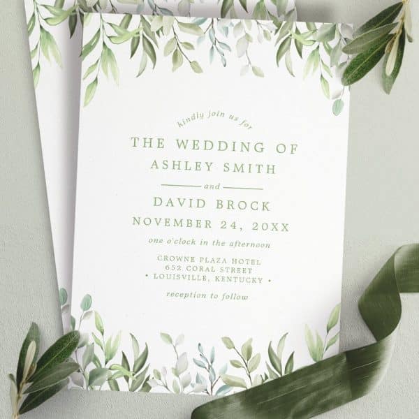 Wedding Invitation For Ashley Smith And David Brock, November 24, At The Crowne Plaza Hotel In Louisville, Kentucky. Green Foliage Border.
