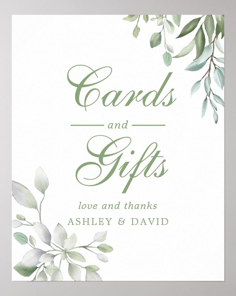 Wedding cards and gifts sign with green foliage.