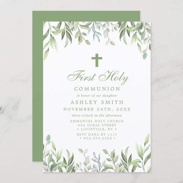 First Holy Communion Invitation For Ashley Smith, Featuring A Green Leafy Border And A Cross.