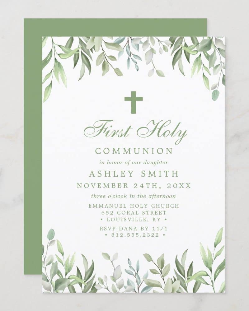 First Holy Communion invitation for Ashley Smith, featuring a green leafy border and a cross.