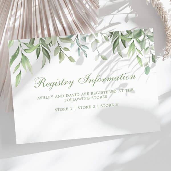 Wedding Registry Information Card With Green Leaf Design, Listing Ashley And David'S Registry Locations.