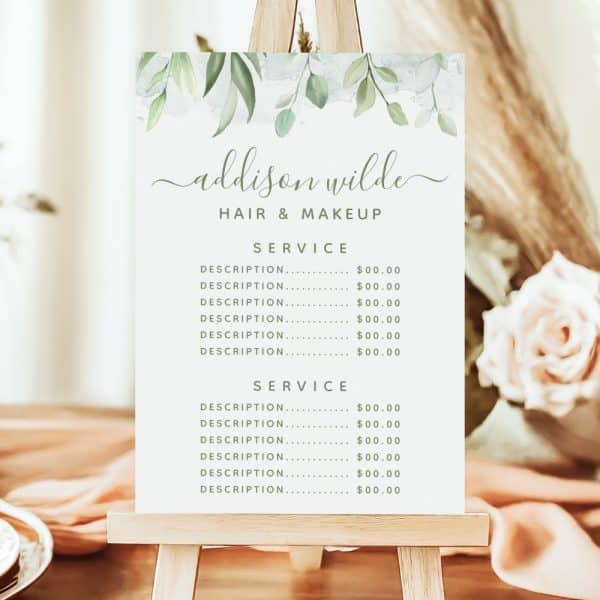 Addison Wilde Hair And Makeup Service Price List On An Easel.