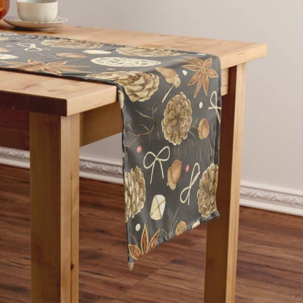 Dark Gray Table Runner With A Pattern Of Pine Cones, Acorns, And Bows On A Wooden Table.