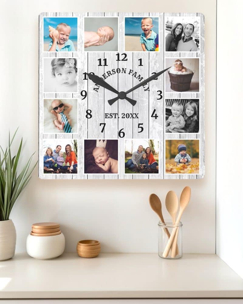 Square family photo collage clock with a whitewashed wood background.