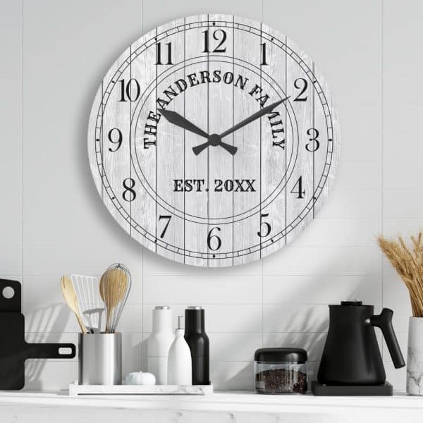 Large White Wooden Wall Clock With Black Hands And Family Name.