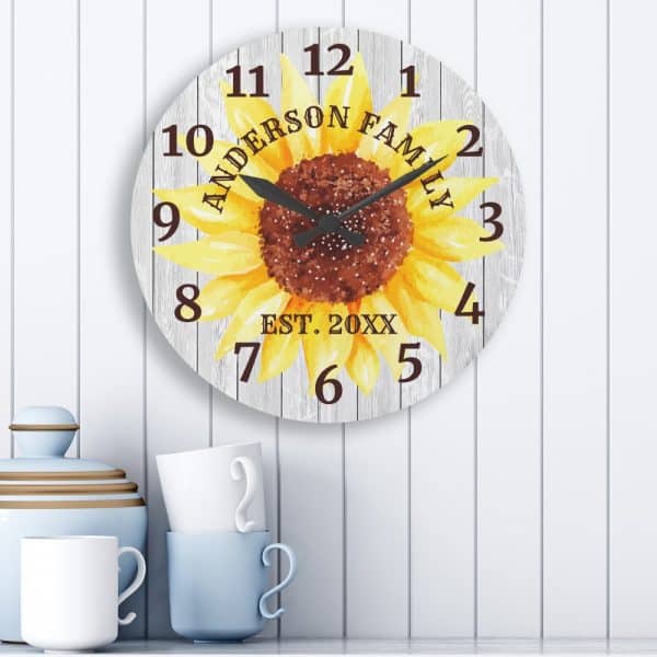 Round Sunflower Clock With Anderson Family Name And Established Year.