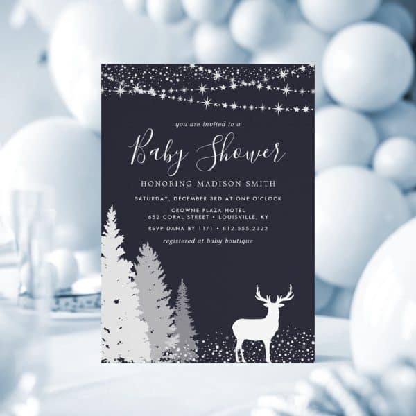 Baby Shower Invitation For Madison Smith, Featuring A Winter Woodland Design With A Deer And Pine Trees.