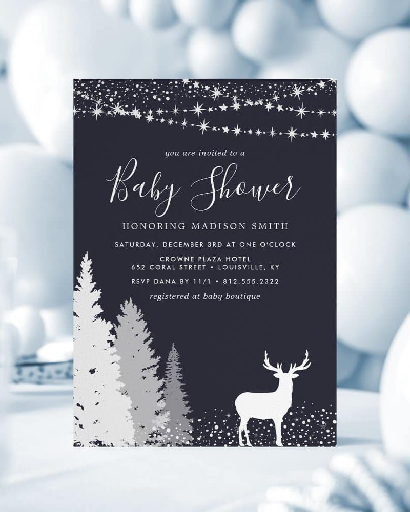 Baby shower invitation for Madison Smith, featuring a winter woodland design with a deer and pine trees.