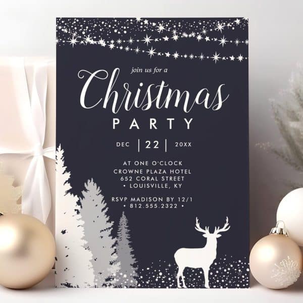 A Dark Blue Christmas Party Invitation Featuring A White Deer And Stylized Pine Trees.