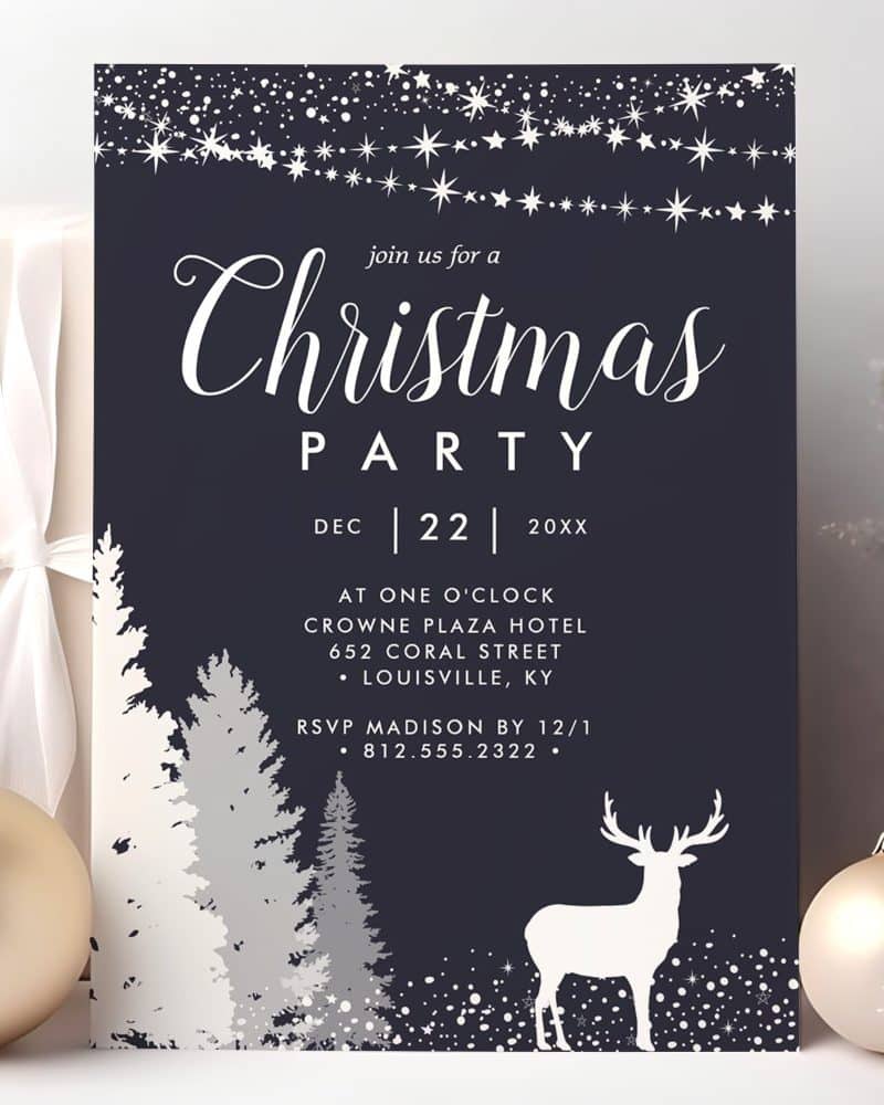 A dark blue Christmas party invitation featuring a white deer and stylized pine trees.
