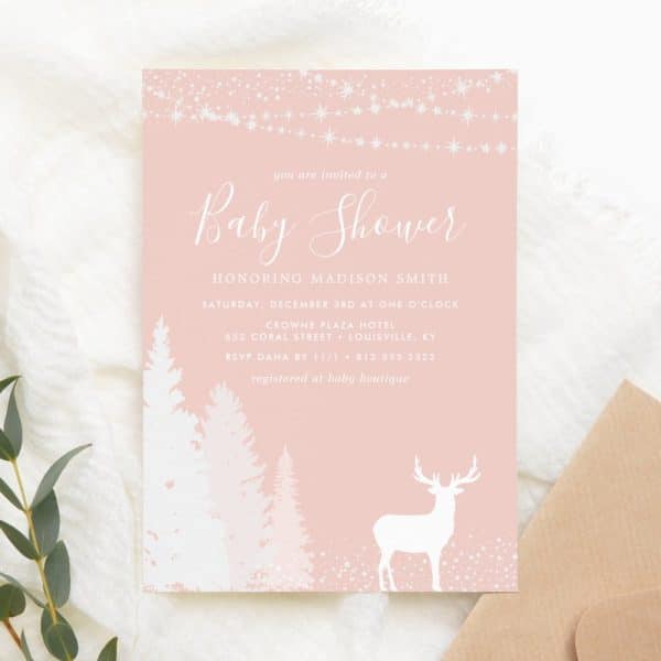 Pink Baby Shower Invitation With A White Deer And Pine Trees.