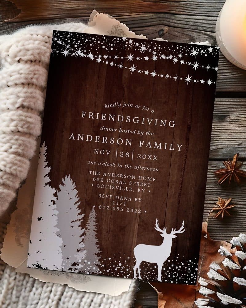 Friendsgiving invitation featuring a rustic wood design with a deer and pine trees.