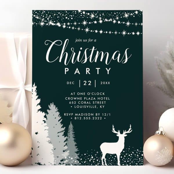 A Dark Green Christmas Party Invitation Featuring A White Silhouette Of A Deer And Stylized Evergreen Trees.