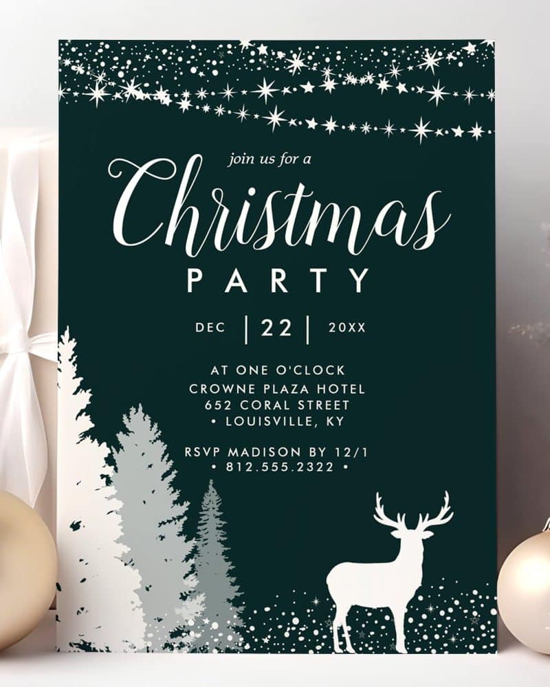 A dark green Christmas party invitation featuring a white silhouette of a deer and stylized evergreen trees.