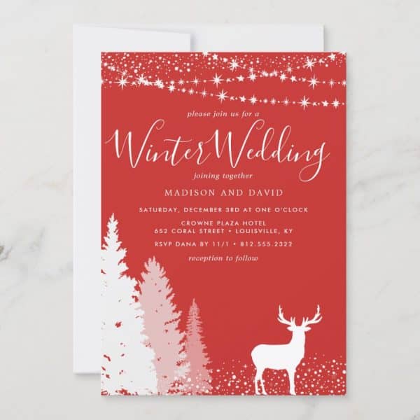 Red Wedding Invitation With White Lettering Announcing Madison And David'S Winter Wedding, Featuring A Snowy Forest Scene And A Reindeer.
