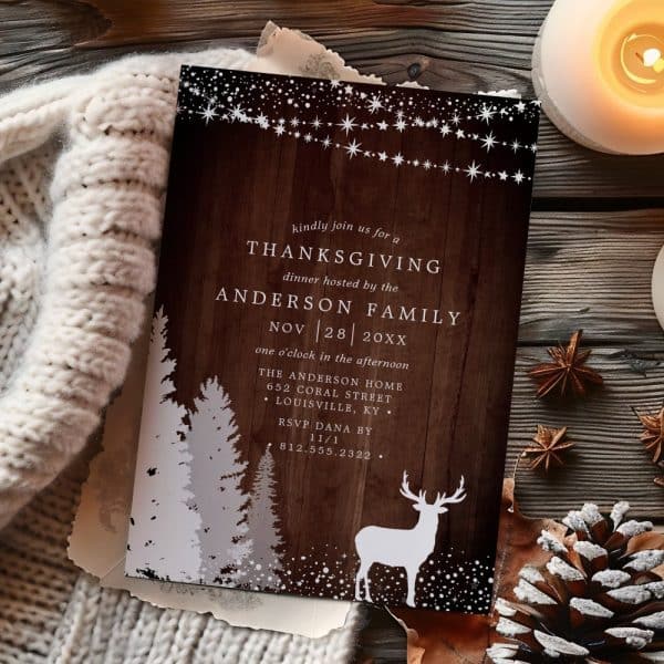 Thanksgiving Dinner Invitation Featuring A Wood Background, White Deer Silhouette, And Snowy Pine Trees.