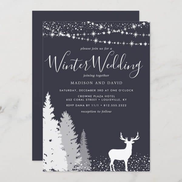 Winter Wedding Invitation Featuring A Deer And Pine Trees On A Dark Background.