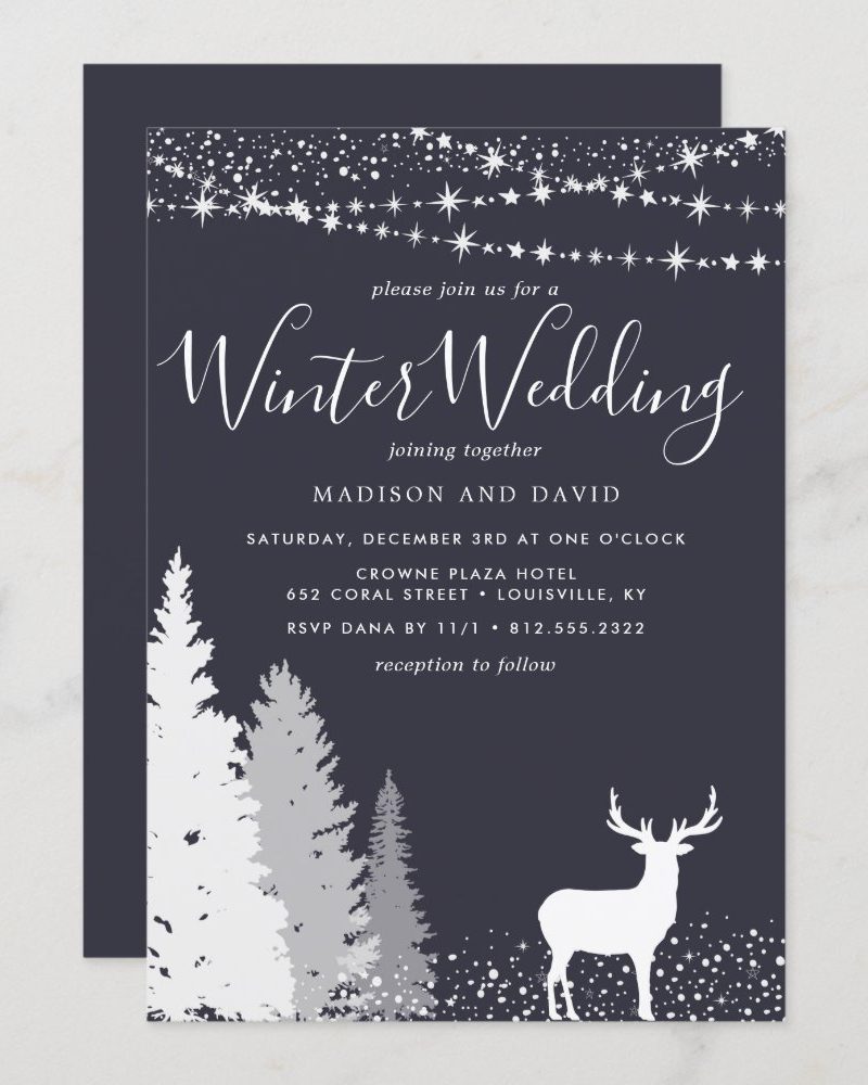 Winter wedding invitation featuring a deer and pine trees on a dark background.