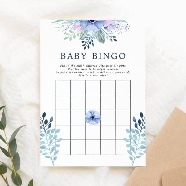 Baby Bingo Card Decorated With Blue And Purple Flowers.