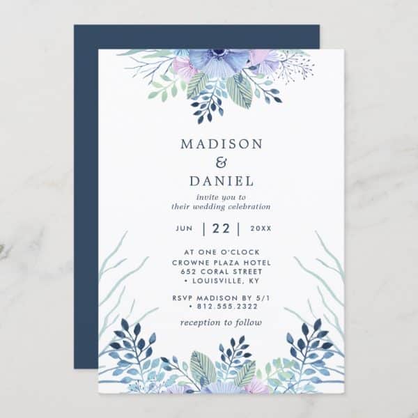 Wedding Invitation For Madison And Daniel, Featuring Watercolor Floral Designs In Shades Of Blue And Purple.