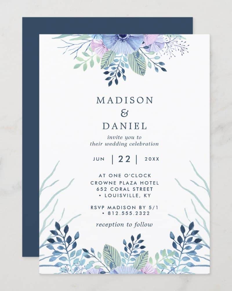 Wedding invitation for Madison and Daniel, featuring watercolor floral designs in shades of blue and purple.