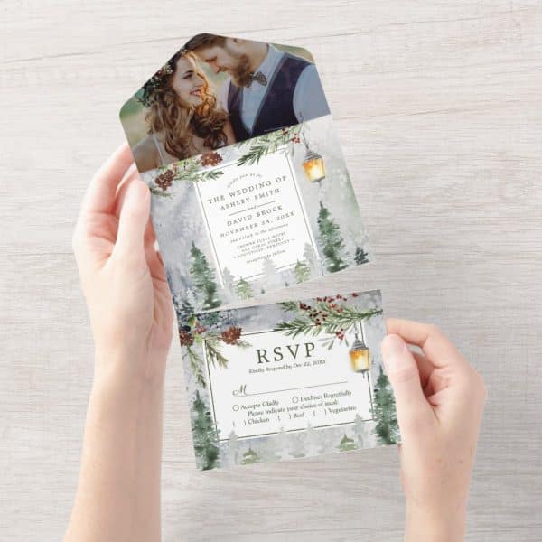 Winter Wedding Invitation With A Photo Of The Couple And Rsvp Card.