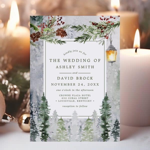 Winter Wedding Invitation For Ashley Smith And David Brock, Featuring A Watercolor Design Of A Snowy Forest And A Lantern.