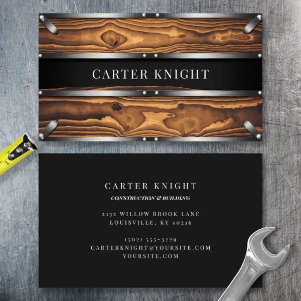Business Card For Carter Knight Construction &Amp; Building, Featuring A Wood And Metal Design.