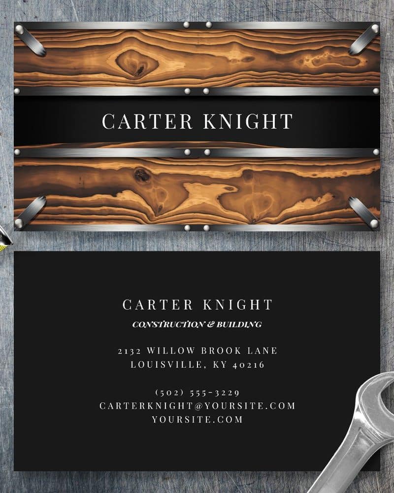 Business card for Carter Knight Construction & Building, featuring a wood and metal design.