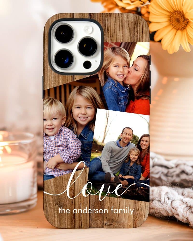 Phone case with wood grain background featuring family photos and the text Love, the Anderson family.