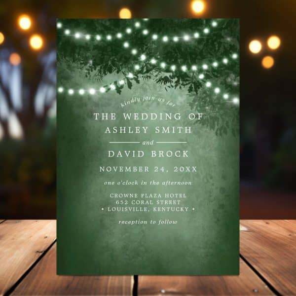 Dark Green Wedding Invitation With String Lights And Leaves; Ashley Smith And David Brock'S Wedding Details.