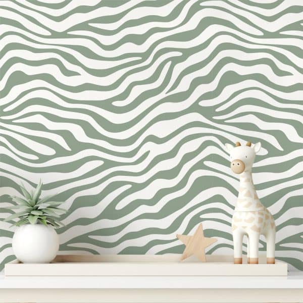 Sage Green And White Zebra Striped Wall With A Small Giraffe Toy And Potted Plant On A Shelf.