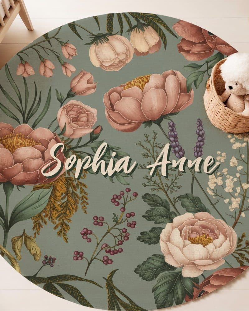 Round floral rug with the name Sophia Anne.