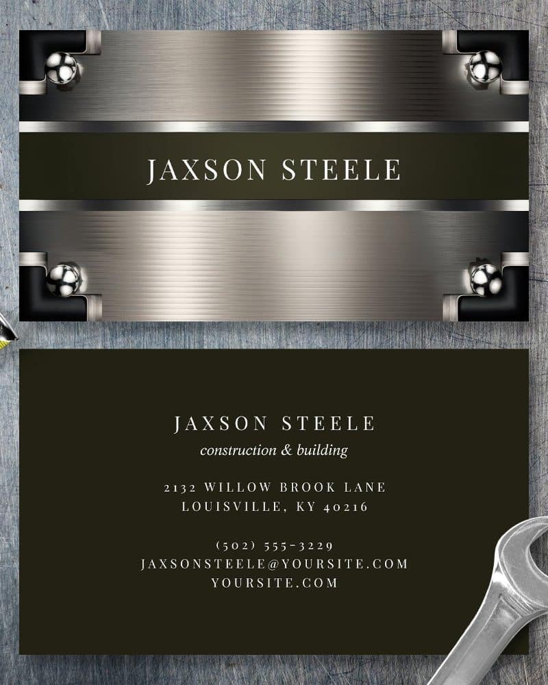 Jaxson Steele construction and building business card with metallic design.