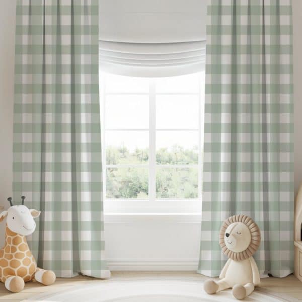 Sage Green Gingham Curtains Flanking A Window.