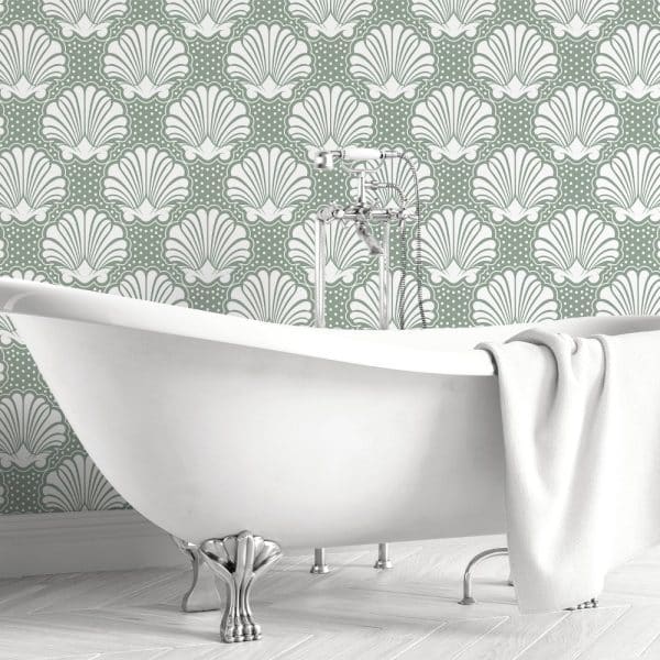 White Clawfoot Bathtub In Front Of Sage Green Shell Patterned Wallpaper.