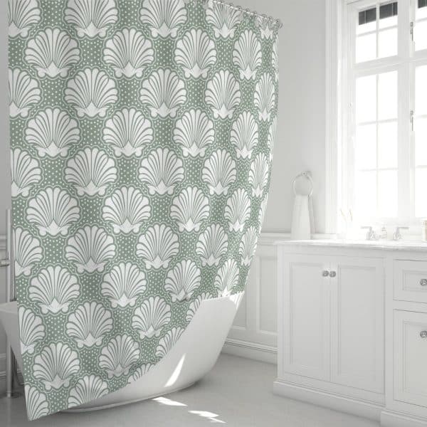 Sage Green Shower Curtain With A Repeating Pattern Of White Stylized Seashells.