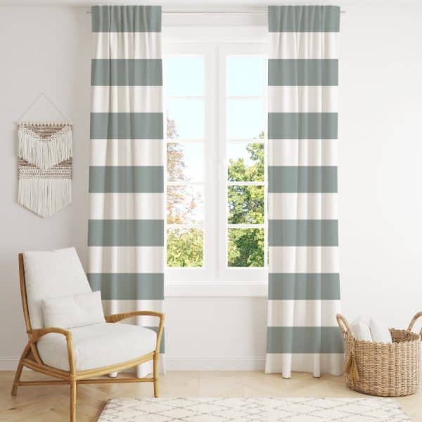 Gray And White Striped Curtains Hanging In A Window.