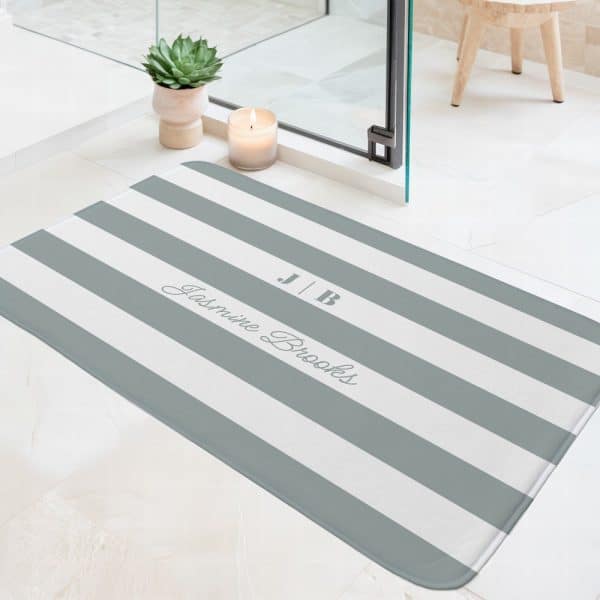 Personalized Gray And White Striped Bath Mat With The Initials J|B And The Name Jasmine Brooks.