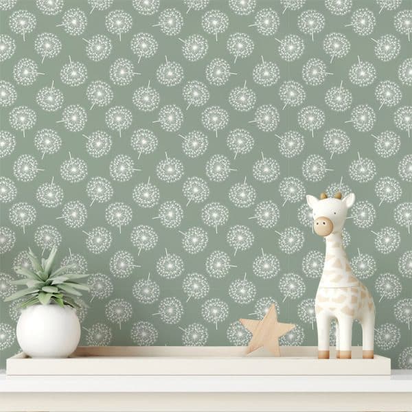 Sage Green Wall With A Repeating Dandelion Pattern, Featuring A Small Giraffe Toy And A Potted Plant On A Shelf.
