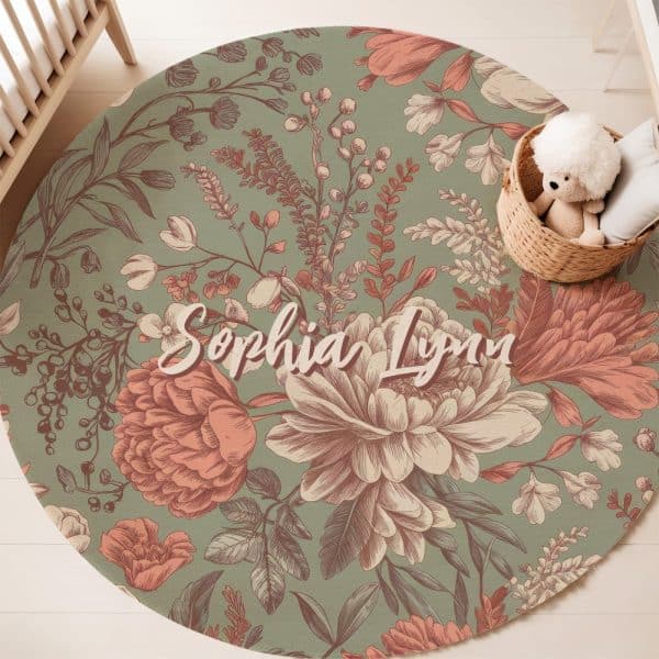 Round Floral Rug With The Name Sophia Lynn.