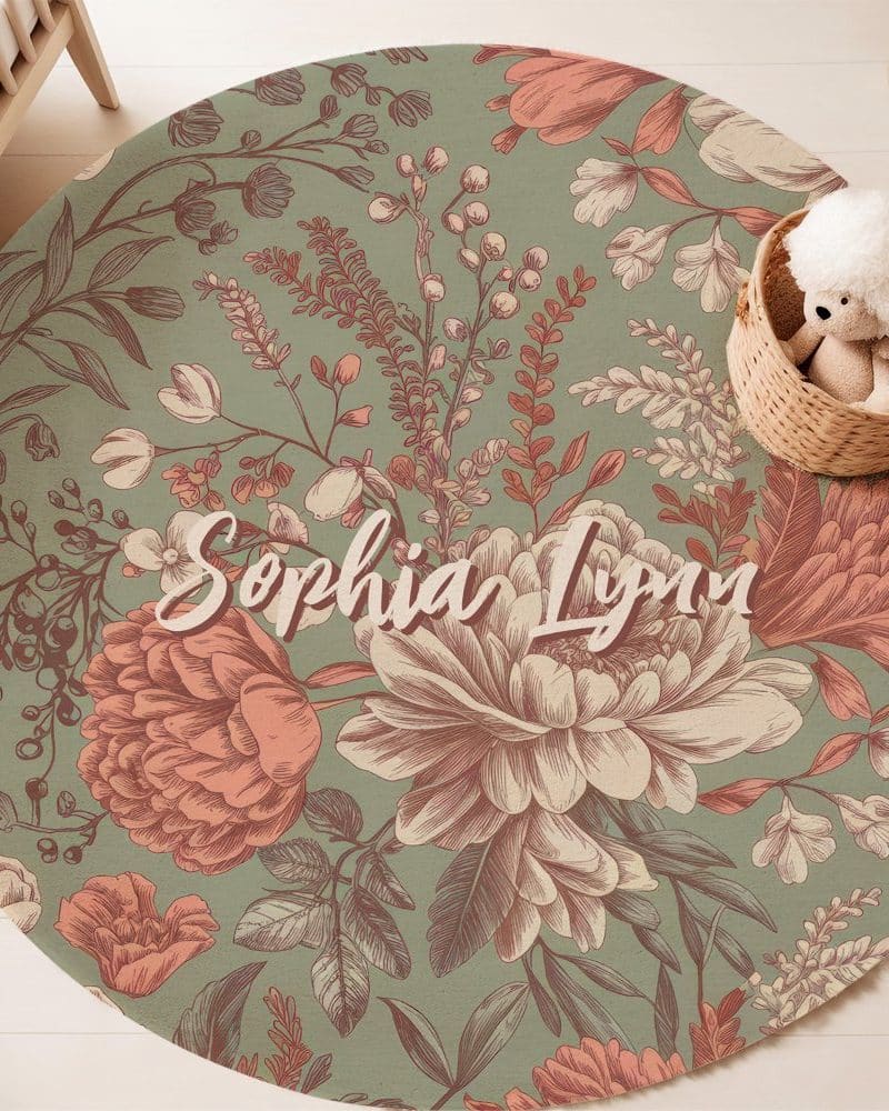Round floral rug with the name Sophia Lynn.